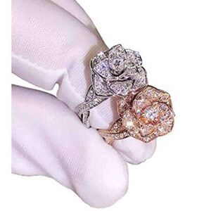 Brishow 3D Rose Ring CZ Simulated Diamond Ring Flower Ring for Women Eternity Wedding Ring 18K Engagement Diamond Rings Women Fashion Jewelry Ring Size 5-10 (7, Rose Gold)