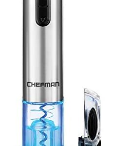 Chefman Electric Cutter Automatic Corkscrew and Foil Remover, One Touch Wine Bottle Opener with Rechargeable Battery and Charging Stand, Stainless Steel 110/240V
