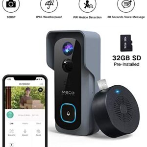 【32GB Preinstalled】WiFi Video Doorbell，MECO 1080P Doorbell Camera with Free Chime, Wireless Doorbell with Motion Detector, Night Vision, IP65 Waterproof, 166°Wide Angle, 2 Way Audio, 2.4GHz WiFi