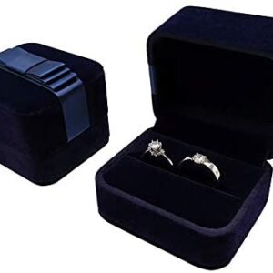 Bearda Velvet Double Ring Box – Navy Couple Bearer Ring Organizer Jewelry Earring Pins Gift Favor Case with Elegant Silk Box for Wedding, Engagement, Christmas (Ring Box)