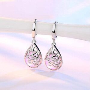 Beiswe 1 Pair 925 Sterling Silver Hypoallergenic Earring Moonlight Opal Tears Drop Earrings for Women Charm Gift (Pink)
