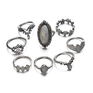 BERYUAN Women 8 Pcs Gem ring Set Bohemian Knuckle Flower Black Vintage Ring Set Vintage Silver Crystal Joint Knuckle Ring Set for Women and Girls (1)