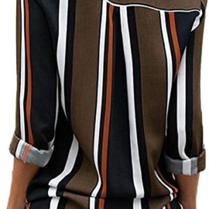 Astylish Women V Neck Striped Roll up Sleeve Button Down Blouses Tops