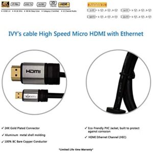 IVY’s Cable High Speed Micro HDMI Cable 3 Feet (1 M) w/Ethernet – Supports 2K, 4K, Ultra HD, ARC (Latest), 1080p, 3D – Apple TV Xbox Playstation PS3 PS4 PC – 3 Ft (2-pk)