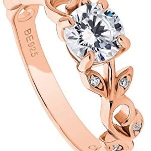 BERRICLE Rose Gold Plated Sterling Silver Round Cubic Zirconia CZ Solitaire Leaf Filigree Promise Engagement Ring 0.9 CTW