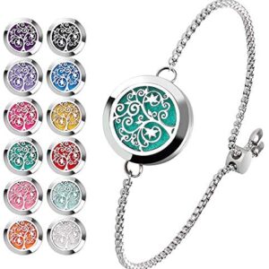 Essential Oil Diffuser Bracelet Stainless Steel Aromatherapy Locket Adjustable Bracelet Set with 24 Refill Pads (Tree of Hope)
