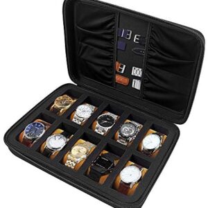 10 Slots Watch Box Organizer/Men Watch Display Storage Case Fits All Wristwatches and Smart Watches up to 42mm with Extra 4 Pocket for Watch Band and Other Accessories (Black)