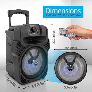 400W Portable Bluetooth PA Loudspeaker – 8” Subwoofer System, 4 Ohm/55-20kHz, USB/MP3/FM Radio/ ¼ Mic Inputs, Multi-Color LED Lights, Built-in Rechargeable Battery w/ Remote Control – Pyle PPHP844B