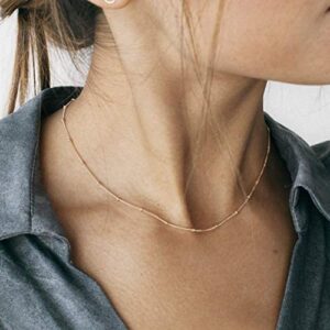 18k Gold Satellite Chain Choker Lava Bead Pendant Necklace Dainty Jewelry for Women 16”