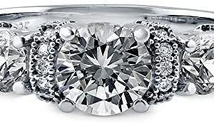 BERRICLE Rhodium Plated Sterling Silver Round Cubic Zirconia CZ 3-Stone Art Deco Milgrain Promise Engagement Ring 1.65 CTW