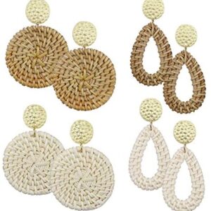 AIDSOTOU Rattan Earrings for Women Lightweight Geometric Statement Earrings Handmade Straw Wicker Braid Teardrop Hoop Drop Dangle Earrings 4 Pairs