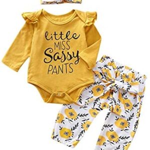 PigMaMa Infant Baby Girl Sets Ruffle Long Sleeve Yellow T-Shirt Tops Flower Pant Outfits Toddler Clothes