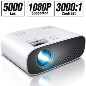 ELEPHAS 2020 Mini Movie Projector, 5000 LUX Full HD 1080P Video Projector, with 50, 000 Hours LED Lamp Life and 200″ Display, Compatible with USB/HDMI/VGA/Laptop/iPhone/TV Stick/TF Card