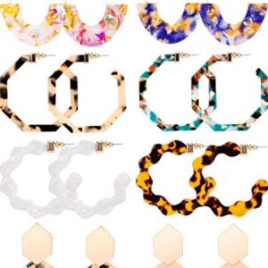8 Pairs Mottled Acrylic Hoop Earrings Resin Statement Drop Dangle Earrings Polygonal Bohemian Fashion Jewelry Earrings for Women Girls