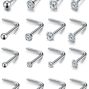 20G 16Pcs Stainless Steel Stud Nose Ring CZ L Shape Nose Body Piercing for Womens Mens