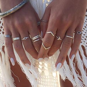 BERYUAN Women 12Pcs Boho Silver Star Moon Knuckle Ring Set Vintage Silver Ring Set Gift For Her for Women and Girls teens