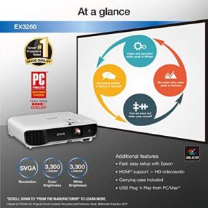 Epson EX3260 SVGA 3,300 lumens Color Brightness (Color Light Output) 3,300 lumens White Brightness (White Light Output) HDMI 3LCD Projector (Renewed)