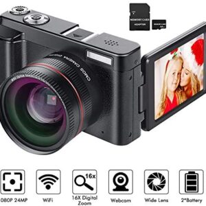 Digital Camera YouTube Vlogging Camera HD 1080P 24MP Video Camcorder 16X Digital Zoom with Wide Angle Lens, WiFi, Pause Function, Face Detection, 3’’ IPS Screen, 32GB SD Card, 2xBattery