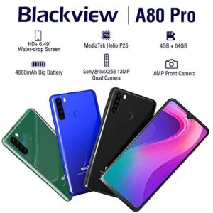 Blackview A80 Pro-6.49 inches Smartphone, 4GB RAM+64G ROM Unlocked Cell Phone with Quad Camera 13MP, 4680mAh Battery, 4G Global Version Dual SIM Phone, Fingerprint, Face ID – Black