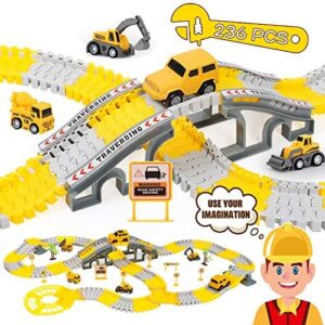 iHaHa 236PCS Engineering Tracks Car for Kids Toys, 6PCS Cool Engineering Car and Flexible Track Playset Create A Engineering World Road Race for 3 4 5 6 7 Year & Up Old boy Girls Best Gift
