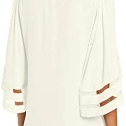 LookbookStore Women’s V Neck Mesh Panel Blouse 3/4 Bell Sleeve Loose Top Shirt