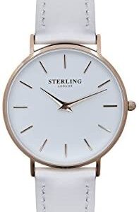 Women’s Minimalist Leather Quartz Crystal Watch – Minimalist and Stylish Ladies Watches Available in Black, Brown or White Vegan Leather with Gold, Rose Gold or Silver Finish – by Sterling of London