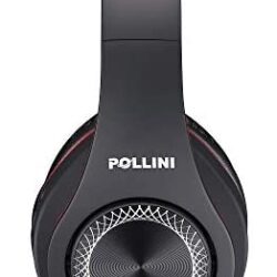 Bluetooth Headphones Over Ear, Pollini Wireless Headset V5.0 with Deep Bass, Soft Memory-Protein Earmuffs and Built-in Mic for iPhone/Android Cell Phone/PC/TV (Black-Red)