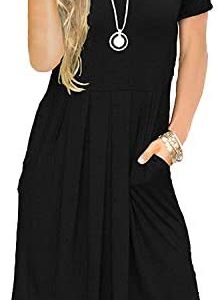 AUSELILY Women’s Short Sleeve Pleated Loose Swing Casual Dress with Pockets Knee Length