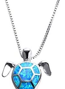 Beiswe Cute Turtle Pendant Necklace Lovely Animals White Fire Opal 925 Sterling Silver Necklace Jewellery Gifts (Blue)