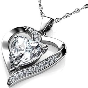 DEPHINI – White Heart Necklace – 925 Sterling Silver A+ Cubic Zirconia Crystal Pendant Birthstone – Fine Jewellery Love – 18″ Premium Rhodium Plated Silver Chain – Gifts for Women