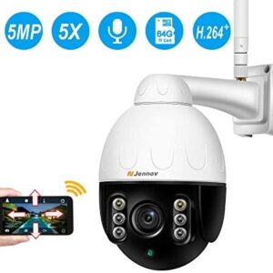 Jennov Wireless WiFi Security Camera IP PTZ Camera Outdoor Waterproof HD 2560×1920 Home CCTV Surveillance Pan/Tilt 5X Optical Zoom Two-Way Audio Motion Detection Siren Alarm with 64G Mirco SD Card