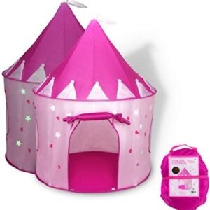 FoxPrint Princess Castle Play Tent with Glow in The Dark Stars, Conveniently Folds in to A Carrying Case, Your Kids Will Enjoy This Foldable Pop Up Pink Play Tent/House Toy for Indoor & Outdoor Use