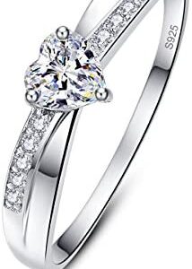 AVECON Women’s Solid 925 Sterling Silver Heart Cut Cubic Zirconia Eternity Solitaire Engagement Promise Ring for Her