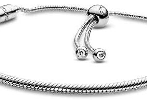PANDORA Jewelry Moments Slider Snake Chain Charm Cubic Zirconia Bracelet in Sterling Silver, 11.0″