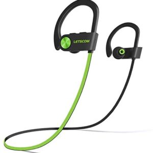 LETSCOM Bluetooth Headphones IPX7 Waterproof, Wireless Sport Earphones, HiFi Bass Stereo Sweatproof Earbuds w/Mic, Noise Cancelling Headset for Workout, Running, Gym, 8 Hours Play Time, GreenBlack