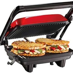 Hamilton Beach Electric Panini Press Grill With Locking Lid, Opens 180 Degrees For Any Sandwich Thickness, Nonstick 8″ X 10″ Grids, Red (25462Z)