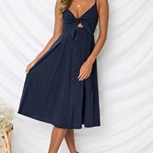 ECOWISH Women Dresses Summer Tie Front V-Neck Spaghetti Strap Button Down A-Line Backless Swing Midi Dress