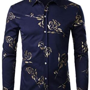 ZEROYAA Men’s Geek Rose Gold Shiny Flowered Printed Stylish Slim Fit Long Sleeve Button Down Shirt