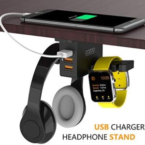 Headphone Stand with USB Charger COZOO Under Desk Headset Holder Mount with 3 Port USB Charging Station and iWatch Stand Smart Watch Charging Dock Dual Earphone Hanger Hook,UL Tested