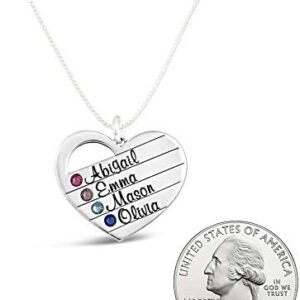 AJ’s Collection Personalized Sterling Silver Heart Name Necklace with Swarovski Birthstone. Customize with Names of Your Choice and Their Birth Stones