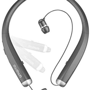 Bluetooth Headphones, AMORNO Foldable Wireless Neckband Headset with Retractable Earbuds, Sports Sweatproof Noise Cancelling Stereo Earphones with Mic (Grey)