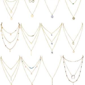 Finrezio 12 PCS Gold & Silver Tone Layered Necklace for Women Girls Sexy Long Choker Chain Y Necklace Bar Feather Pendent Necklace Sets