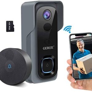 Video Doorbell Camera Wireless WiFi Smart Doorbell,32GB Preinstalled,GEREE 1080P HD Security Home Camera,Real-Time Video and Two-Way Talk,Night Vision,PIR Motion Detection 166° Wide Angle Lens