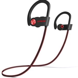LETSCOM Bluetooth Headphones IPX7 Waterproof, Wireless Sport Earphones, HiFi Bass Stereo Sweatproof Earbuds w/Mic, Noise Cancelling Headset for Workout, Running, Gym, 8 Hours Play Time, RedBlack