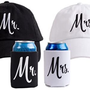 Mr. & Mrs. | Matching Newlywed Wedding Baseball Caps and Beer Holder (Coolie)