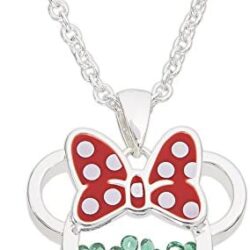 Disney Birthstone Women and Girls Jewelry Minnie Mouse Silver Plated Shaker Pendant Necklace, 18+2″ Extender