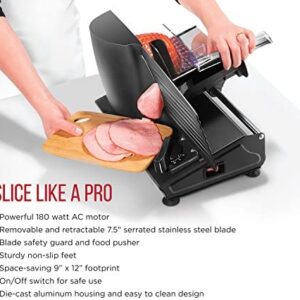 Chefman Die-Cast Electric Deli/Food Slicer Precisely Cuts Meat Cheese, Bread, Fruit & Veggies, Adjustable Thickness Dial, Removable 7.5” Serrated Stainless Steel Blade, Non-Slip Feet, Compact, Black