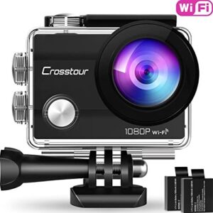 Crosstour Action Camera 1080P Full HD Wi-Fi 12MP Waterproof Cam 2″ LCD 30m Underwater 170°Wide-Angle Sports Camera with 2 Rechargeable 1050mAh Batteries and Mounting Accessory Kits Webcam