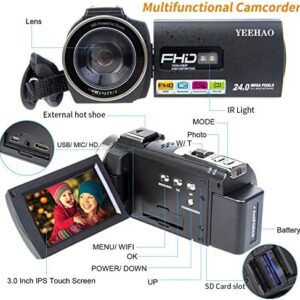 Camcorder Video Camera YEEHAO WiFi HD 1080P 24MP 16X Powerful Digital Zoom Camera with Microphone and Wide Angle Lens Remote Control Lens Hood Infrared Night Vision YouTube Vlogging Camera Recorder
