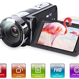 Video Camera Camcorder,Digital Camcorder Recorder with Beauty Face DIS FHD 1080P 24MP 18X Digital Zoom Camcorder 3.0 Inch LCD 270 Degrees Rotatable Screen YouTube Vlogging Camera Rechargeable